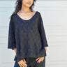 Woman wearing a  soft black  lace top against a white background