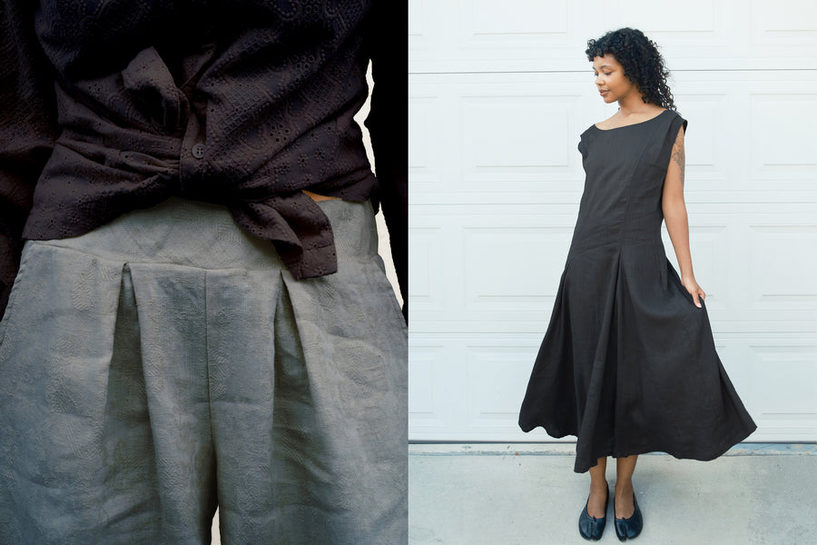 A split image showing a model wearing a black sleeveless midi dress with a pleated skirt, alongside a close-up of a black textured top tucked into gray pleated trousers.