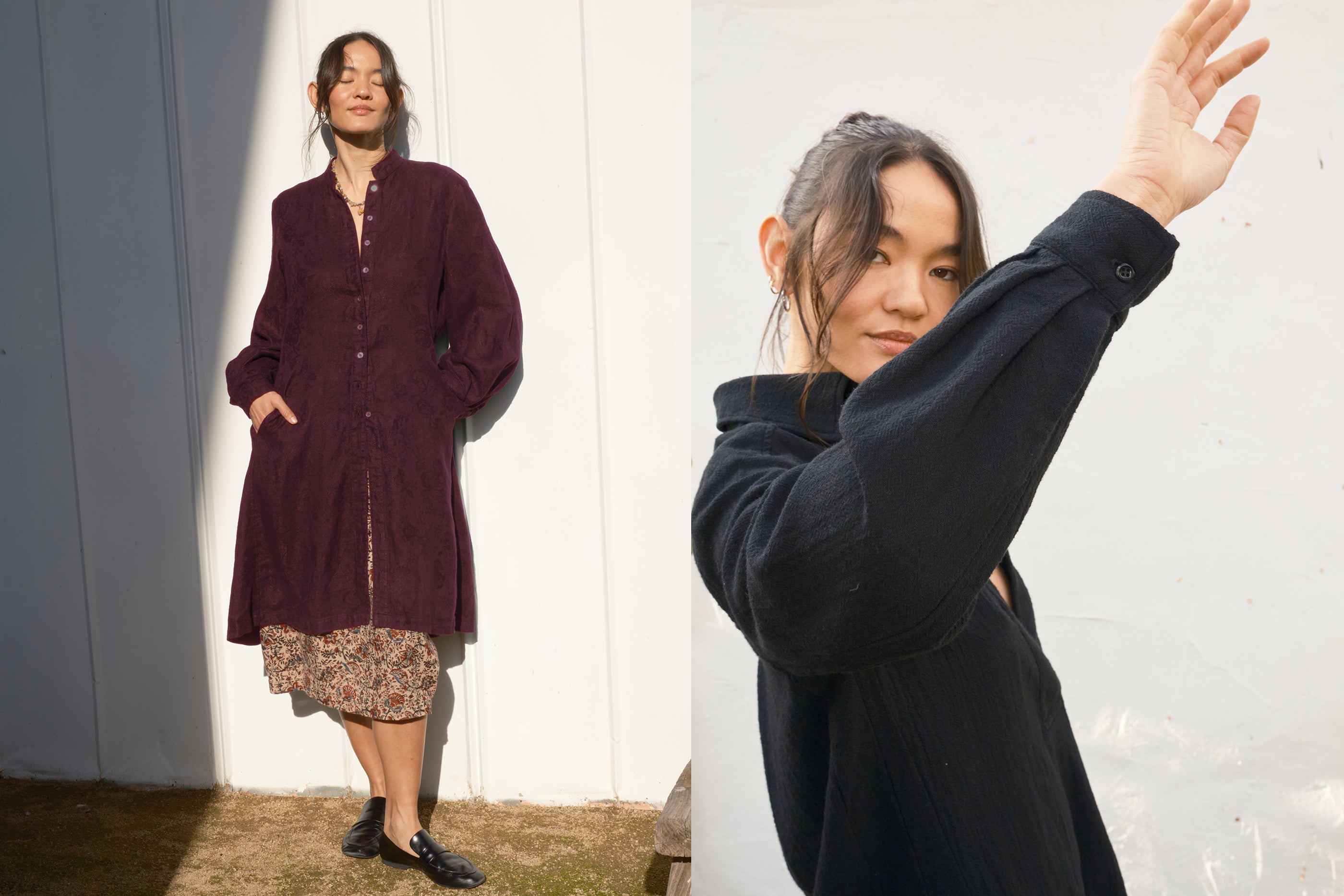 Two women, the one on left is wearing a black fig coat dress over a tapestry skirt. The woman on the right is holding her arm up to show the detail of the shirt.