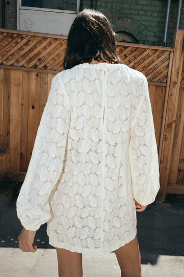 A woman standing outside by a brown wood fence wearing a lace mini dress, back view.