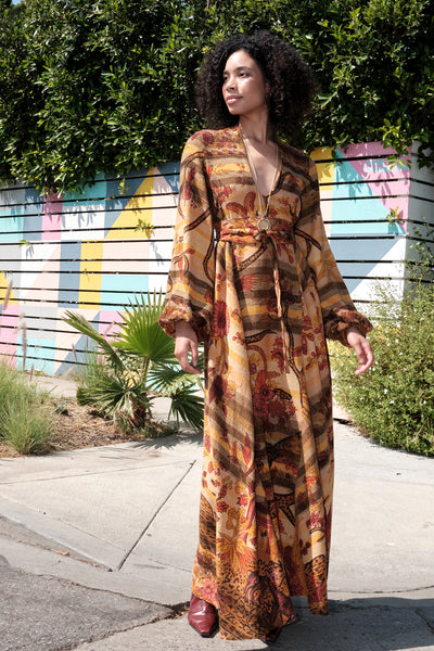 Cass Earth Stripe Maxi Caftan w/ belt